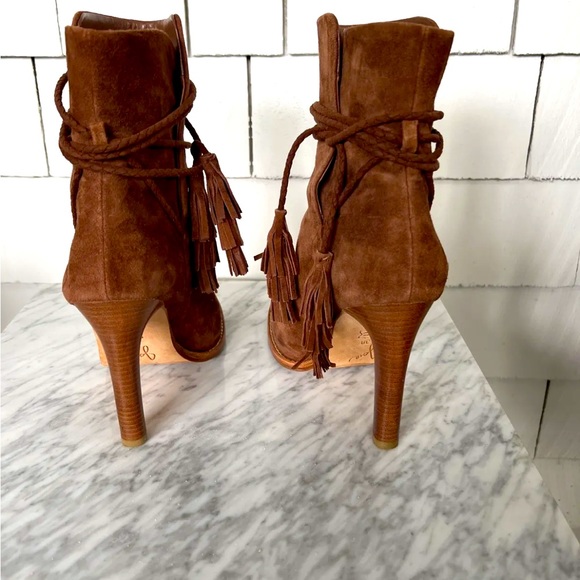 joie suede booties Boots Heels 38 8 Brown Tan Chestnut Tie Tassel - Picture 5 of 8